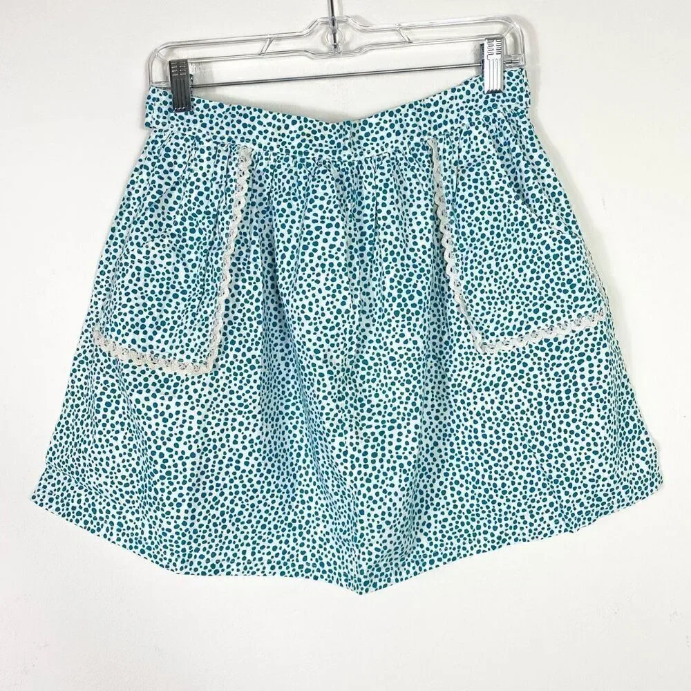 Vintage White & Teal Spotted Half Apron With Pockets Size S